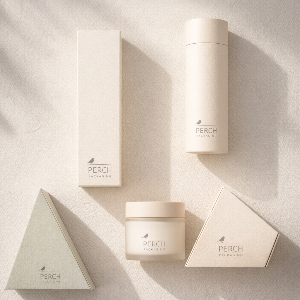 Hand holding a Perch Packaging cosmetic carton